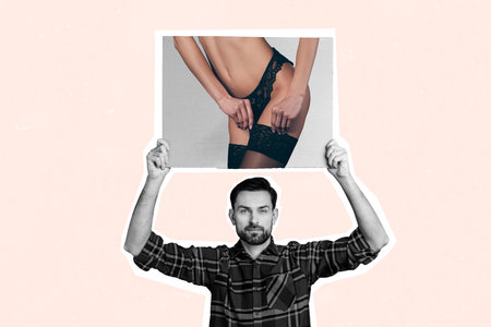 Composite photo collage of happy man hold picture female shape body pantyhose panties sexy hot waist isolated on painted backgroundの写真素材