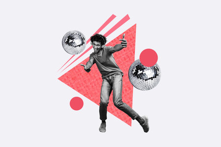 Composite photo collage of happy american guy dance weekend party occasion disco ball headphones music isolated on painted backgroundの写真素材