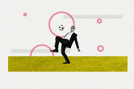 Composite collage image of mature businessman play football games sport event concept billboard comics zine minimalの写真素材