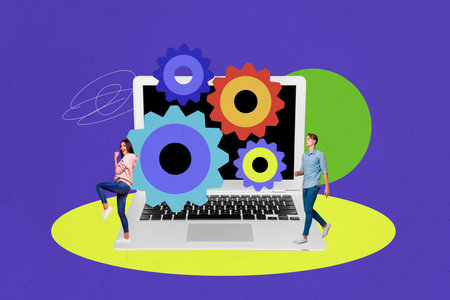 Creative collage picture young man woman coworkers cooperation cogwheels work together project...
