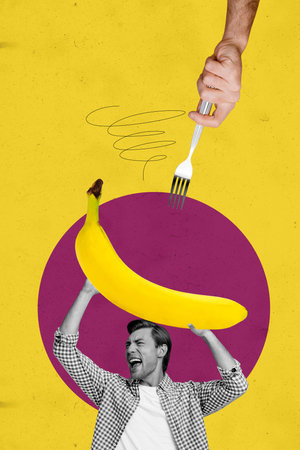 Vertical collage poster young man banana fruit nutrition peel vitamins exotic tropical meal fork hunger drawing backgroundの写真素材