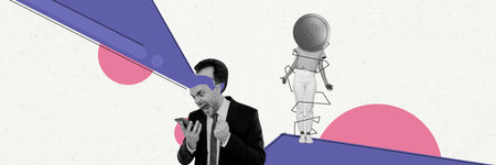 Composite panoramic collage of angry crazy man scream phone business problem bankrupt girl instead head coin isolated on painted backgroundの写真素材