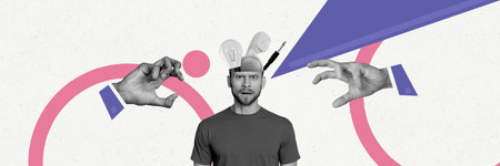 Trend artwork sketch collage of horizontal panorama workspace young man caricature half head idea lamp smart puzzle phone angry emoji faceの写真素材