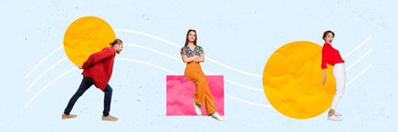 Composite panoramic collage of three happy girls guy business partners teamwork development carry figures isolated on painted backgroundの写真素材