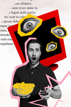 Vertical photo collage of shocked man hold remote controller tv horror film eyeball popcorn bowl snack isolated on painted backgroundの写真素材