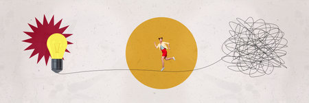 Panoramic collage picture young persistent woman achieve goal lightbulb lamp power eureka reach aim...