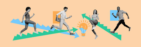 Composite trend sketch image photo collage of workspace teamwork young lady man coworking ladder creer promotion idea lamp smart puzzleの写真素材