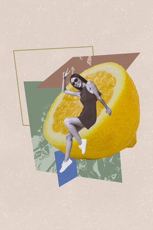Composite trend artwork 3D image collage of beige color backdrop young woman model posing two finger gesture hi half lemon fruit juiceの写真素材
