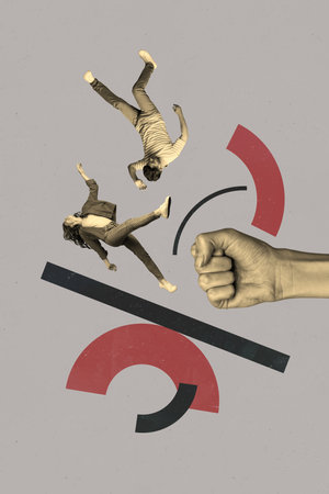 Composite trend artwork sketch image photo collage of beige color backdrop colleagues young man lady friends fly swings fist power punchの写真素材