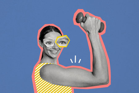 Composite photo collage of happy girl sketch eyeball pump biceps hold dumbbell gym exercise healthy lifestyle isolated on painted backgroundの写真素材
