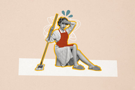 Composite photo collage of tired overworked housekeeper girl sit bucket hold mop household chores...