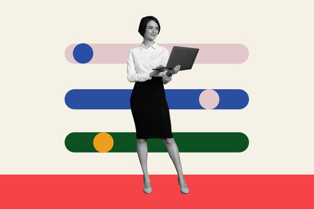 Trend artwork image photo collage of business stats human resource young lady work laptop sit point letter graphics trade switch sliderの写真素材