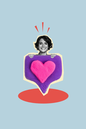 Vertical poster collage young cheerful woman notification blogger button social media network popularity follow subscribeの写真素材