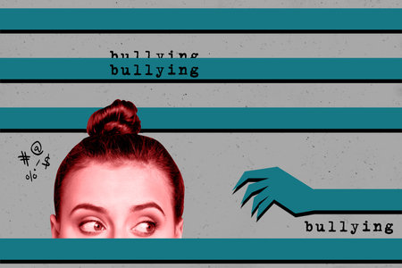 Composite photo collage of panic girl hide hand bullying abuse society problem insult stereotype pressure isolated on painted backgroundの写真素材