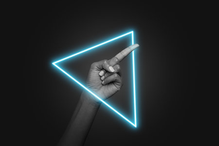 Trend artwork sketch image photo collage of dark background neon light lamp tube triangle shape hand show gesture finger direction rightの写真素材