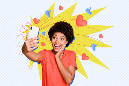 Composite photo collage of happy american girl hold phone streaming heart like thumb up notification...