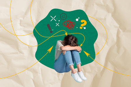 Trend artwork image photo collage of copyspace young woman sad bad mood sit cover face arrow point lady think question mind brainstormingの写真素材