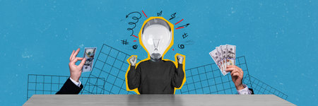 Composite panoramic collage of business human instead head light bulb idea success hand offer cash...