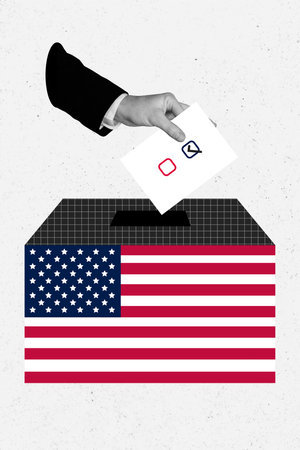 Creative abstract template collage of hand hold.bulletin president voter choice candidate registration bizarre unusual fantasy billboardの写真素材