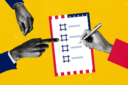 Composite photo collage of hands black show index force choose impose white hand pen choose election vote isolated on painted backgroundの写真素材