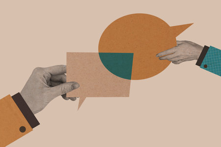 Trend artwork composite photo collage of speech bubble textbox mind cloud message social media hand hold show chat conversation quoteの写真素材