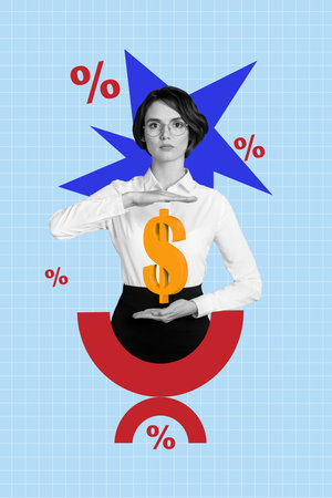 Composite trend sketch image photo collage of young business woman hold huge usd symbol work earn money dollar percent sale black fridayの写真素材