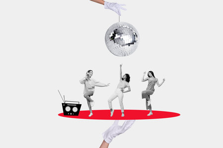 Creative trend collage of funny dancing three girls friends boombox discotheque discoball have fun...