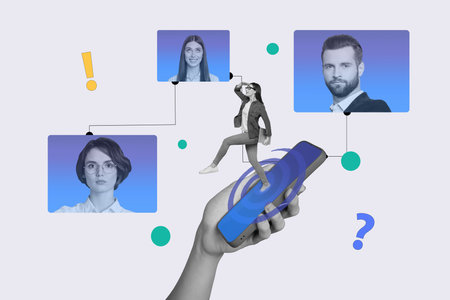 Creative photo collage remote work smartphone picture avatars profiles web interface connection network modern technologyの写真素材