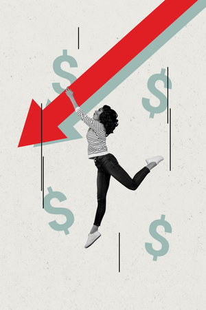 Creative trend collage of female hang arrow down bankruptcy crisis concept weird bizarre unusual...