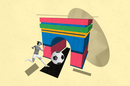 Composite photo collage of happy girl sport game football player euro league push football competition isolated on painted backgroundの写真素材