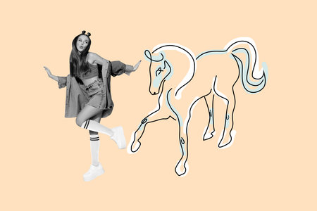 Composite artwork collage picture image of excited girl dance painted horse isolated on creative backgroundの写真素材
