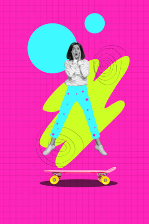 Vertical collage young amazed woman shocked emotional reaction neon color skateboard rider hobby stupor omg wow checkered backgroundの写真素材