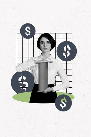 Trend artwork composite sketch image collage of office manager young lady businesswoman stand hold between hands coins bitcoin money richの写真素材