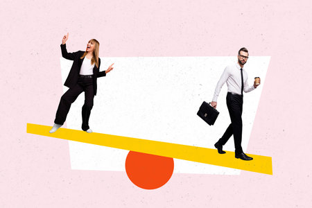 Composite photo collage of two happy girl guy business people colleagues development stand scales leader isolated on painted backgroundの写真素材