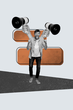 Creative trend collage of man hold toa freedom power rights independence democracy fight weird bizarre unusual fantasy billboardの写真素材