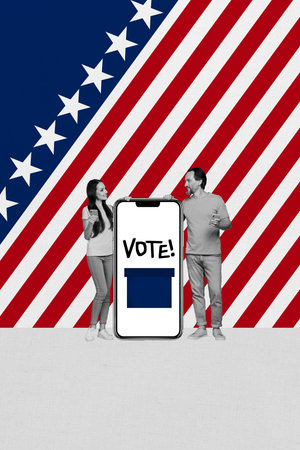 Vertical creative photo collage standing young voters election campaign agitation smartphone...