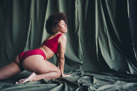 Photo portrait of lovely young lady sexy posing ass dressed red lingerie green studio background no filter self acceptance all body perfectの写真素材