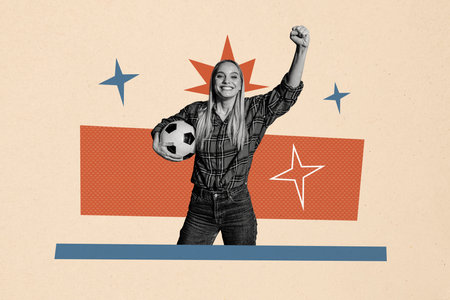 Composite photo collage of happy blonde girl football game euro cup winner hold ball flash championship isolated on painted backgroundの写真素材