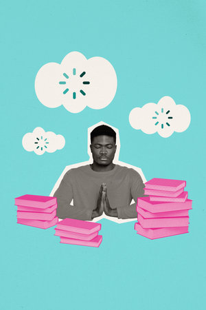 Sketch image composite trend artwork 3D photo collage of keep calm meditating man mind cloud browsing pile book student deadline workspaceの写真素材