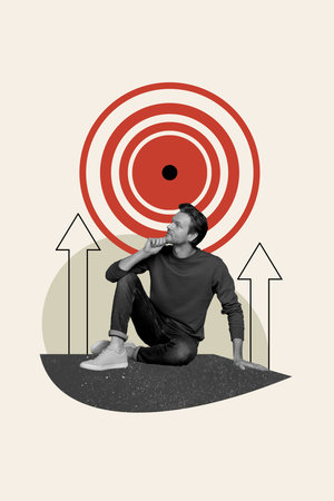 Vertical picture collage young sitting dreamy thoughtful man arrows growth progress achieve target...