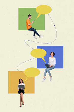 Sketch image trend artwork collage of textbox mind bubble cloud speech banner lady man colleagues team project laptop type online chatの写真素材