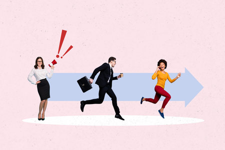 Composite photo collage of happy girls guy business colleagues promotion arrow concept megaphone announce isolated on painted backgroundの写真素材