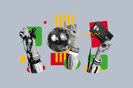 Composite collage picture image of hands hold discoball cassette tape recorder vintage disco fantasy billboard comics zine minimalの写真素材
