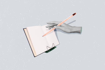 Composite photo collage of hand hold pencil write school schedule to do tasks business plan project author isolated on painted backgroundの写真素材