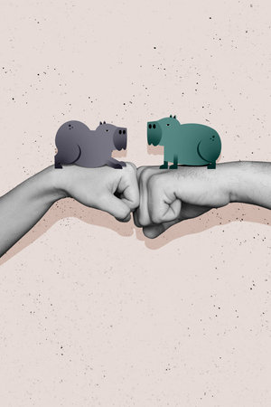 Vertical photo collage of hand fist push together best friends dude capybara domestic cartoon animal mammal isolated on painted backgroundの写真素材