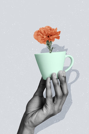 Vertical photo collage of hands hold cup drink floral tea beverage make coffee break enjoy relax exotic isolated on painted backgroundの写真素材