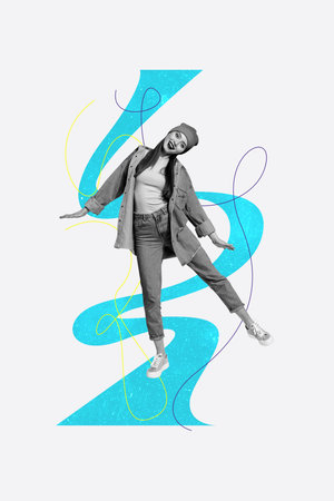 Composite trend artwork 3D image collage of white color backdrop blue line young woman hipster...