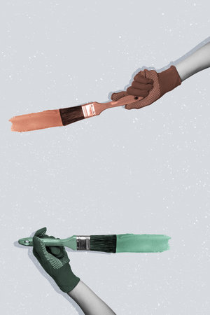 Vertical photo collage of two artist hands green orange paint color draw wall paintbrush tool...