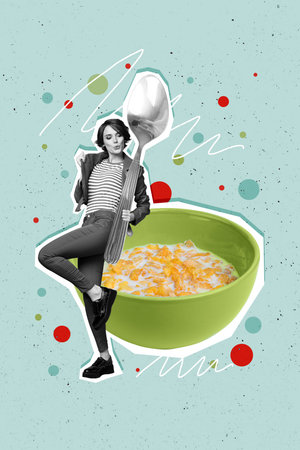 Vertical photo collage of happy girl dance hold big spoon bowl cereal milk fast breakfast crisp...