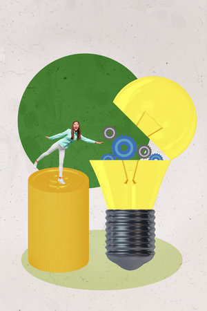 Vertical collage picture young woman lightbulb lamp cogwheels progress invention eureka smart decision golden coins stack traderの写真素材